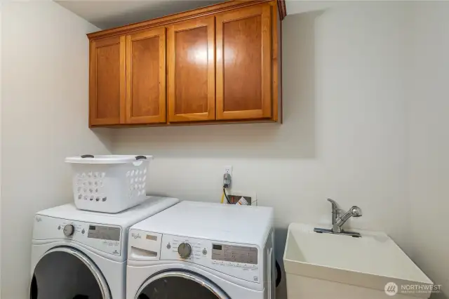 Laundry room is upstairs.  Laundry tub is handy for handwashing.  Not pictured is shelf for storage and hanging.
