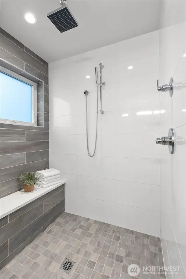 Large walk in shower with rain shower head