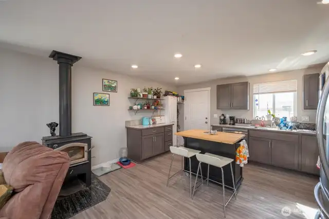 Kitchen area with wood stove