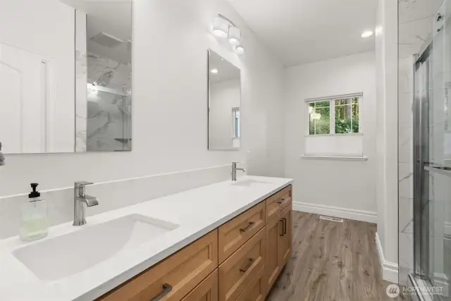 Newly added main level bathroom w/ Quartz counters