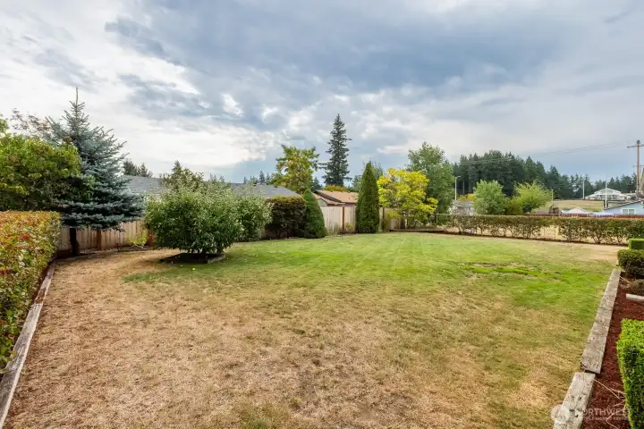 Mature landscaping in the backyard.