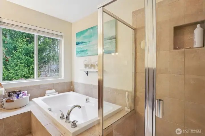 Soaking tub and tile shower