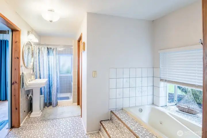 Spa-inspired primary bath featuring walk in shower, beautiful tile, soaking tub, and tranquil tree views
