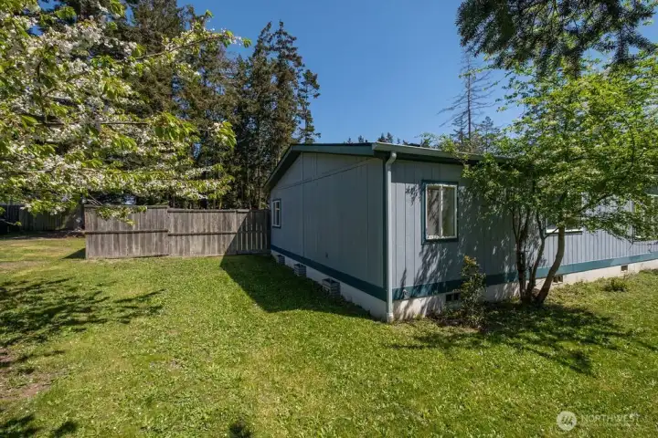 Cherry tree is to the left of the house.
