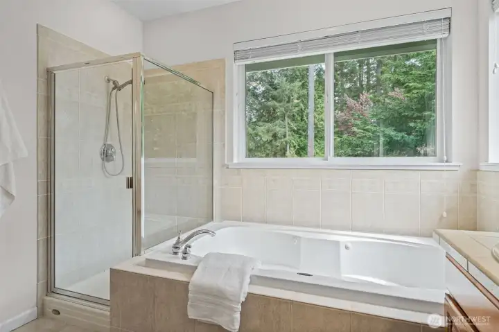 Primary Soaking Tub and Shower. Large walk-in closet not pictured