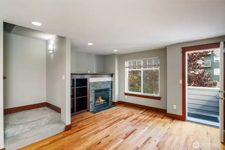 Juilet Balcony.  Dining and living room areas with gas fireplace