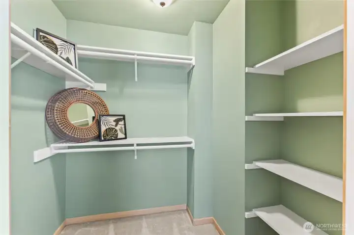 Large Closet with shelves and multi hanging rods.