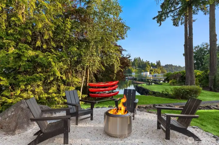Private firepit area at the water's edge.