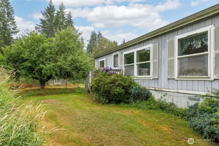 There is a large apple tree near the front entry, which is on the rear side of the home, as it is positioned.