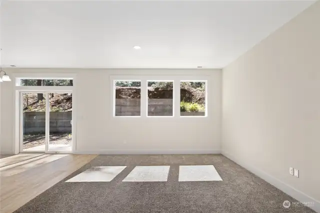 Carpet throughout the living room to help with absorption of sound and to create a cozy feel.