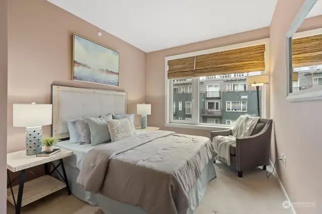 The primary bedroom is ready to be your in-city oasis! Retreat to this fabulous space after busy days out on the town.