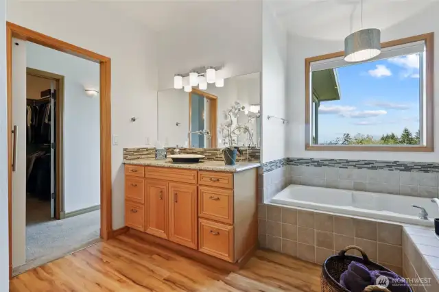 Primary bath has 1 of the two Primary walk in closets.