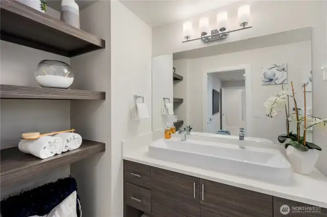 Primary ensuite bathroom with featured trough sink, walk in tiled shower, and built in shelving.