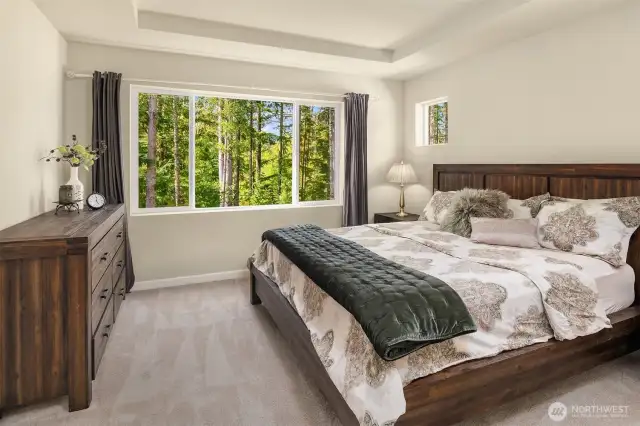 Primary bedroom with huge walking closet and luxurious bathroom. Note the private setting and amazing natural lighting.