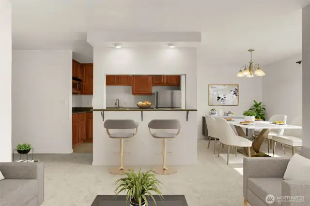 nice open concept to dining room and living area from kitchen