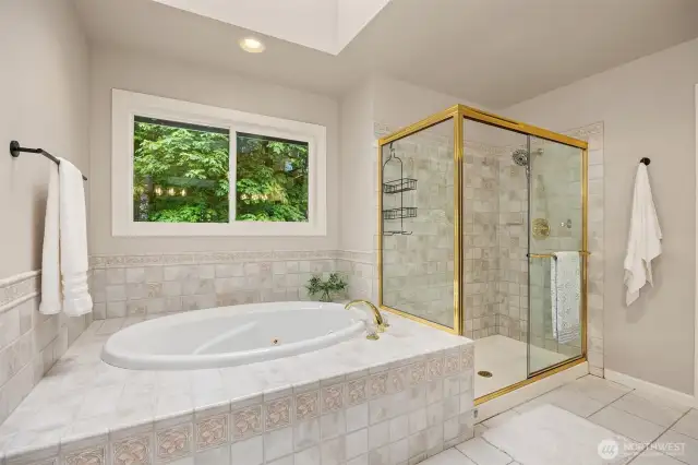 Primary suite with soaking tub, dual vanity, and large walk-in closet.