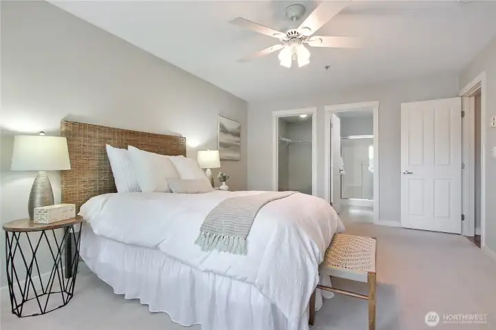 Primary suite has attached walk in closet and 3/4 bath.