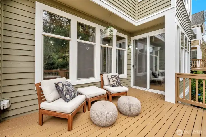 The deck is accessible from the kitchen. It's a great size with territorial views. The deck is accessible from the kitchen. It's a great size with territorial views.