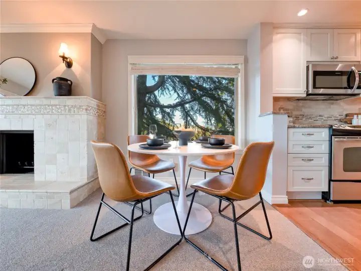 This expansive dining area is framed by massive windows, making every meal feel like a destination event.