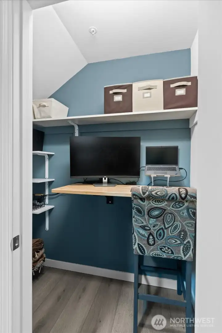 Entry closet transformed into work space. Desk folds for either use.