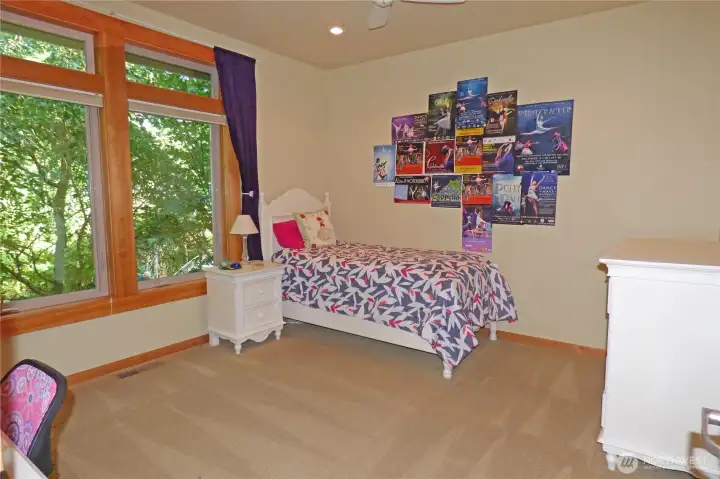 Bedroom #1 overlooking the front yard. Just to the left of the picture is a walk-in closet with built-ins. Note the ceiling fan too.