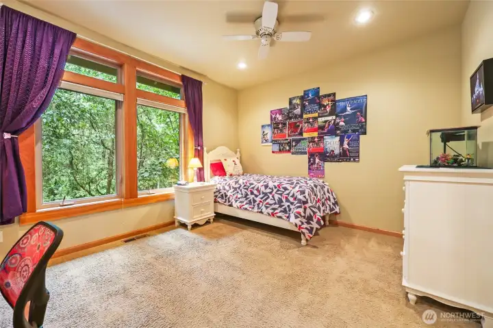 Bedroom #1 overlooking the front yard. Just to the left in the pic is a walk-in closet with built-ins. Note the ceiling fan too.