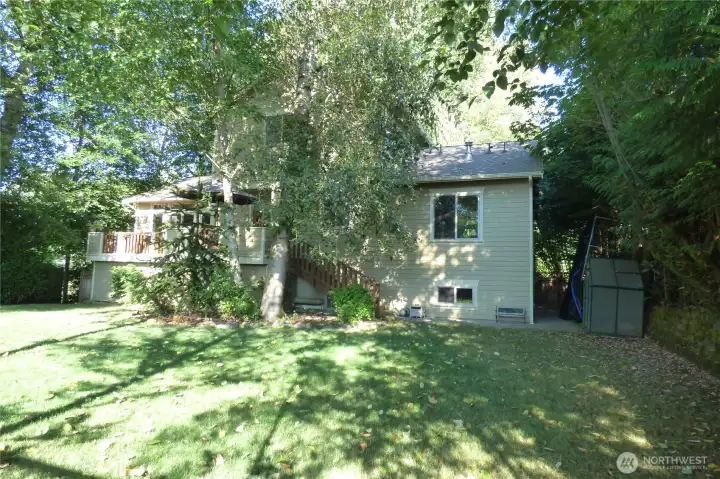 Nice big, fenced back yard with gates on each side of the house. More storage under the deck (see next pic).