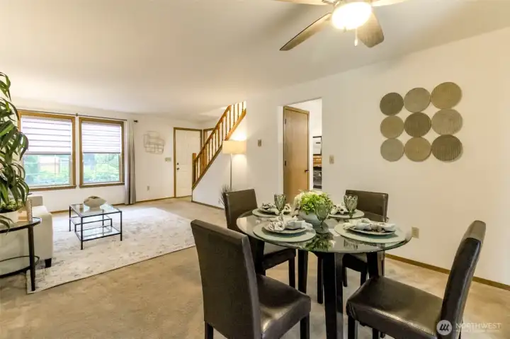Dining area flows to living room just off the kitchen.