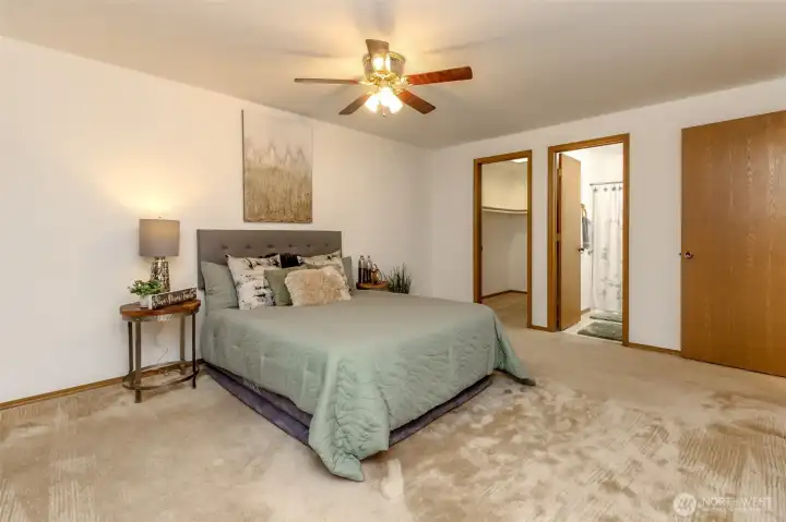 Large walk in closet to the left, full bath to the right of closet.