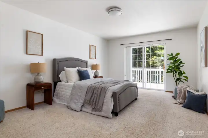 Spacious primary bedroom with walk in closet.