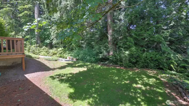 Backyard with a lush native greenbelt & ornamental accents in all seasons. Backyard with a lush native greenbelt & ornamental accents in all seasons.