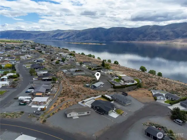 Aerial view of home facing Columbia River.