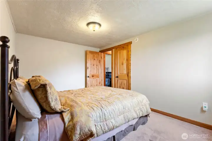 Bright and inviting bedroom featuring a large window for natural light, plush carpeting, and a solid wood door that adds warmth and character.