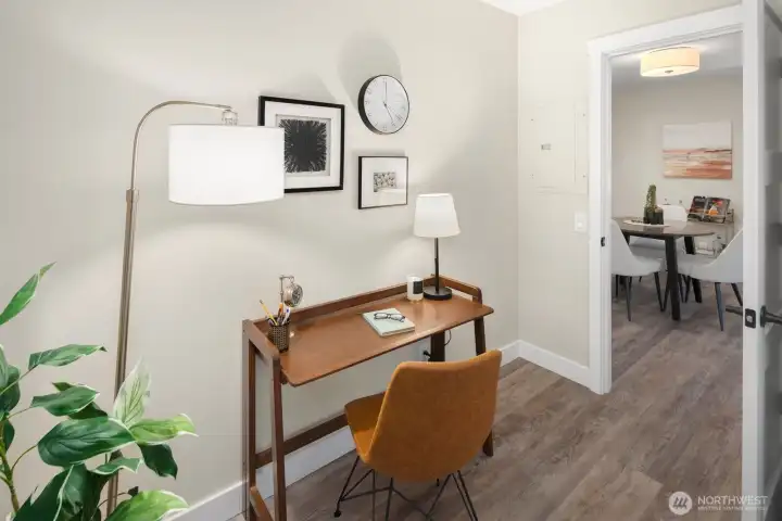 The guest bedroom includes its own custom closet system, ensuring comfort for your visiting friends and family.