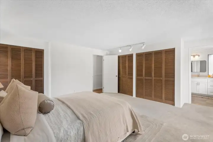 The spacious master suite with double closets