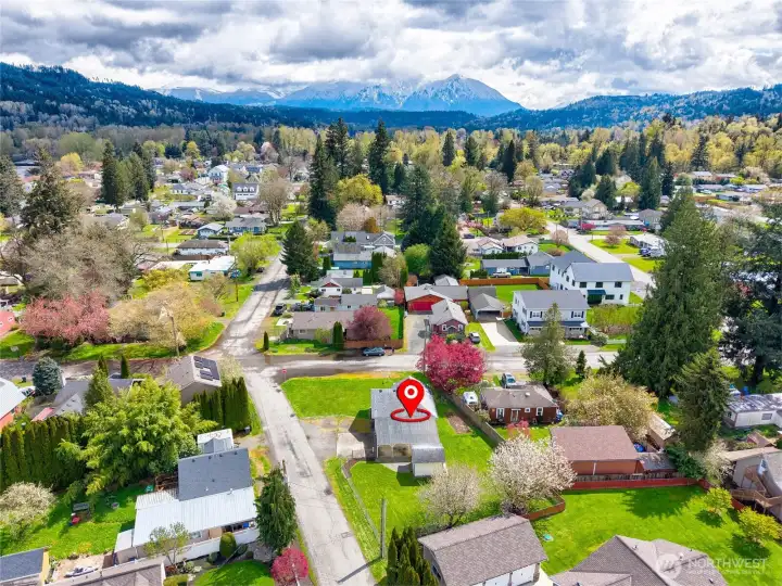 Aerial of Home in Downtown Fall City & Mountain Views