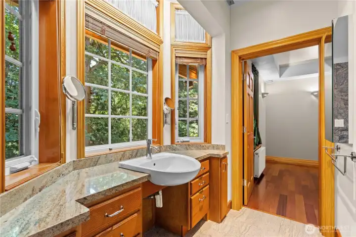 Fully wheelchair accessible Jack & Jill bath located between bedrooms 2 & 3. Fully wheelchair accessible Jack & Jill bath located between bedrooms 2 & 3.