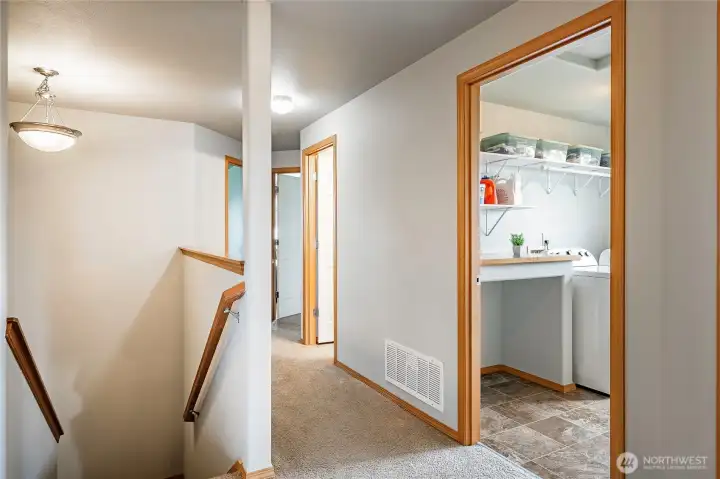 top of stairs looking into laundry room