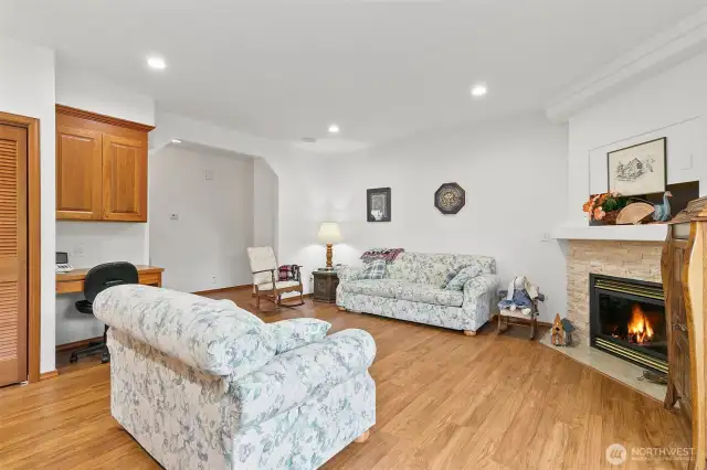 Family room with gas fireplace.
