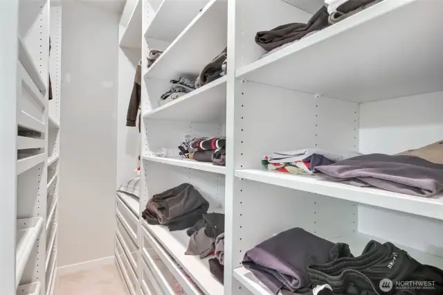 Walk in closet with custom drawers and shelves