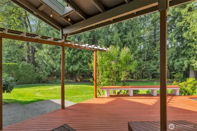 Lower-level deck with built-in bench, plenty of space and a patio on the left.