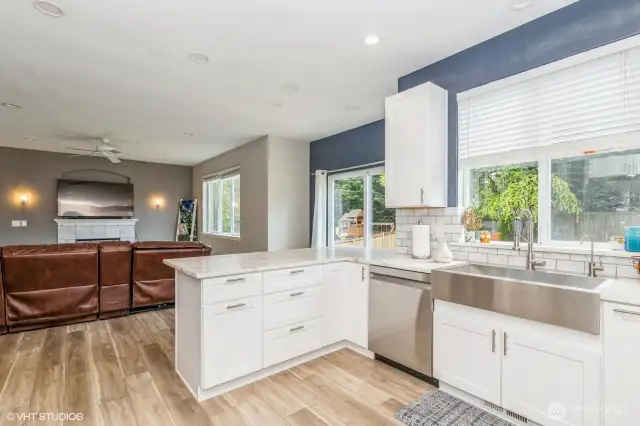 Open-concept kitchen offers clear sightlines to the living space.