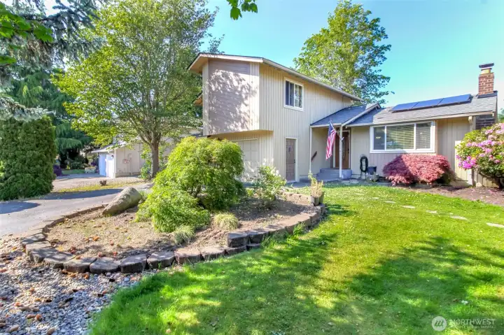 Beautiful landscaping with several Lacey Leaf Japanese Maples in the front yard, Rhodies and Hydrangeas!