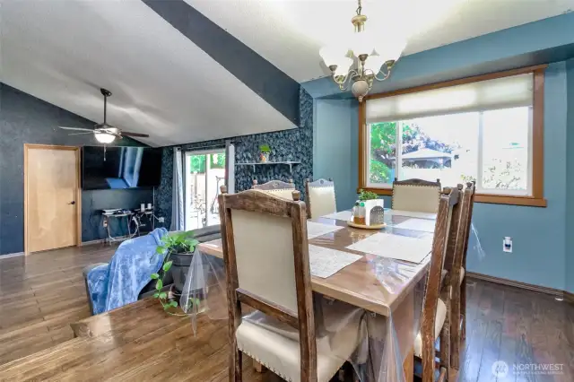Dining room is open to the Theatre Room/Family Room on the ground level which there is a .75 bathroom and access to the backyard patio