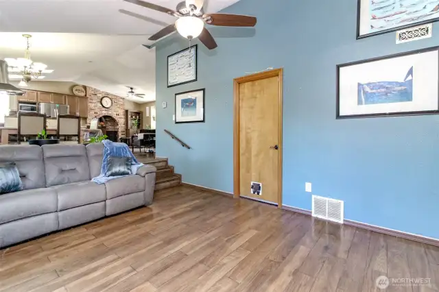 The family room has access to the two car garage
