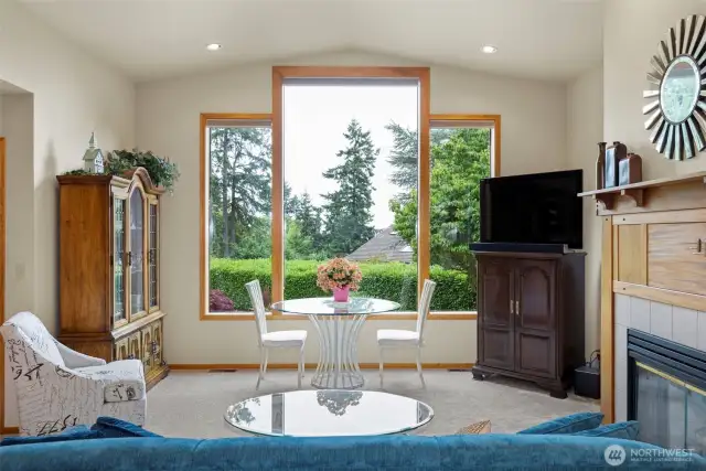 Gorgeous picture windows looking out at the backyard