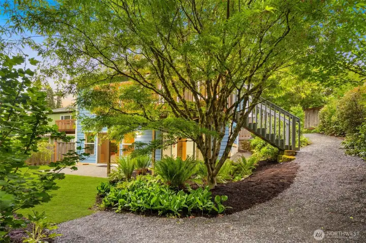Private and charming backyard with mature plants and a fresh gravel pathway.