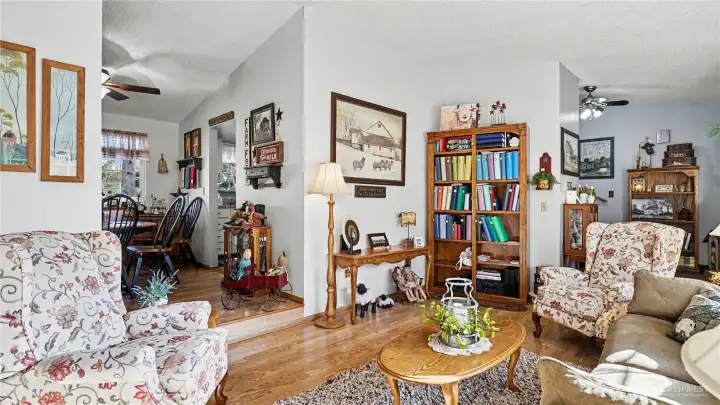 Open flow from the living room to dining area makes everyday living and entertaining easy.