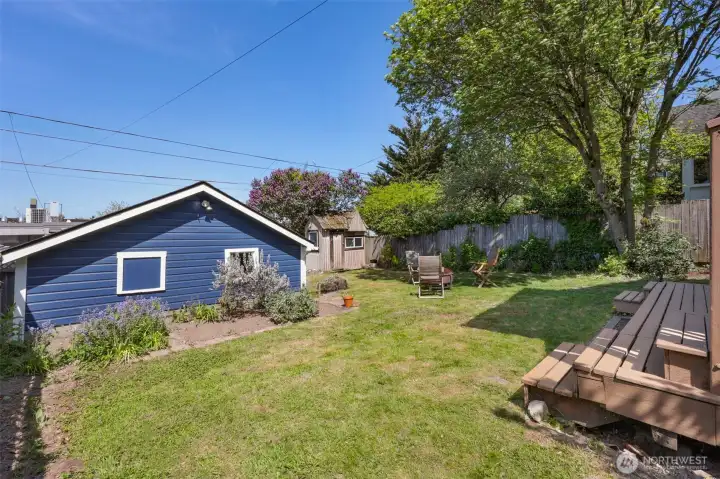 Backyard with a cedar deck off the back of the house, garage off the alley, lots of garden space and room to run around.