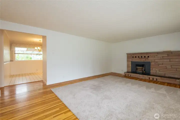 Pellet Stove insert in masonry fireplace in living room